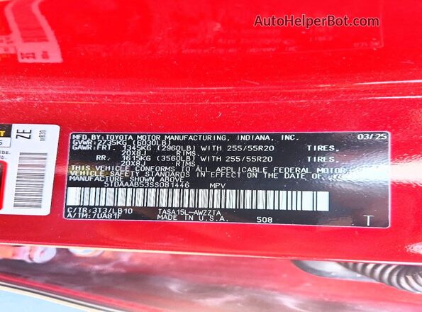 5TDAAAB53SS081446 2025 TOYOTA GRAND Red VIN կոդի պիտակի տեսք