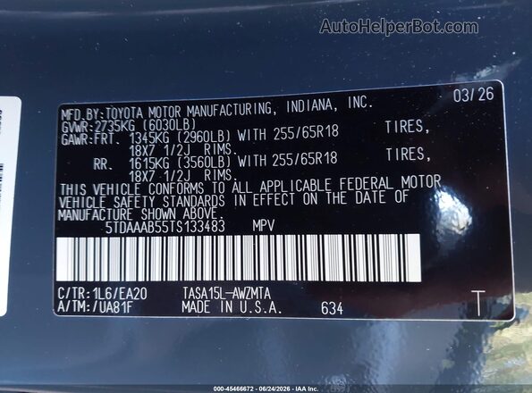 5TDAAAB55TS133483 2026 TOYOTA GRAND HIGHLANDER Blue Widok komory silnika