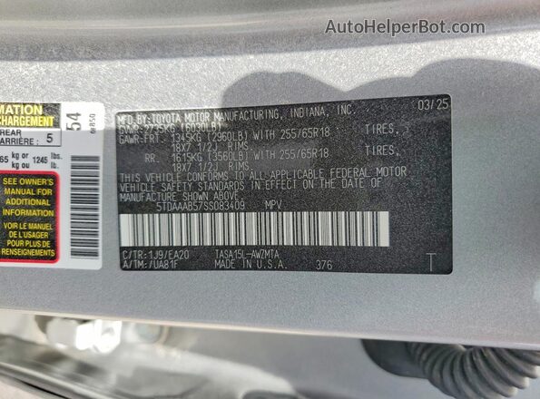 5TDAAAB57SS083409 2025 TOYOTA GRAND Silver VIN sticker view