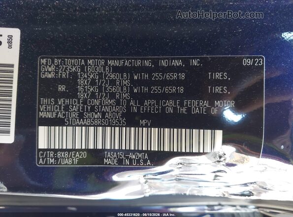 5TDAAAB58RS019535 2024 TOYOTA GRAND HIGHLANDER Blue VIN sticker view