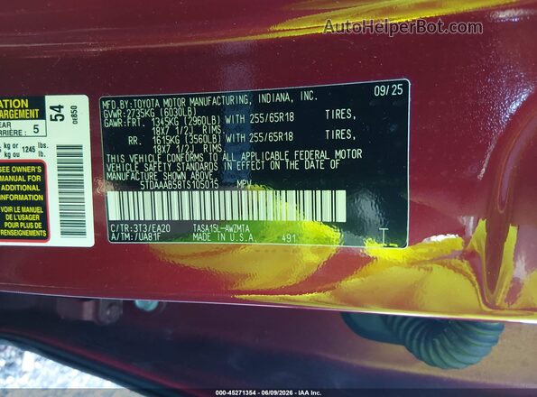 5TDAAAB58TS105015 2026 TOYOTA GRAND HIGHLANDER Red ძრავის განყოფილების ხედი