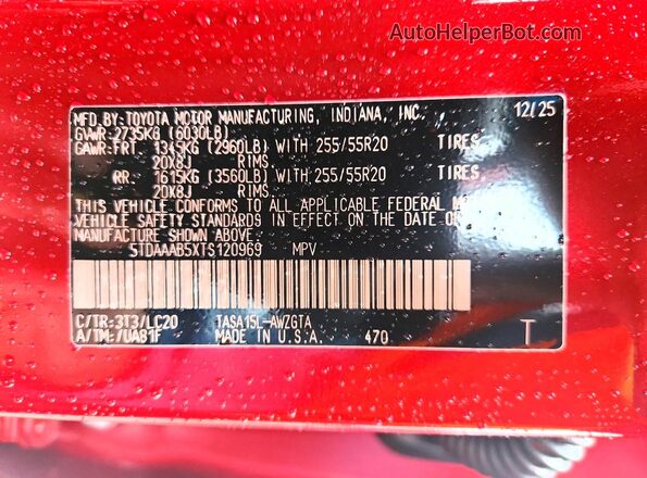 5TDAAAB5XTS120969 2026 TOYOTA GRAND Red VIN კოდის სტიკერის ხედი