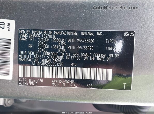 5TDACAB52SS051266 2025 TOYOTA GRAND HIGHLANDER Gray Engine compartment view