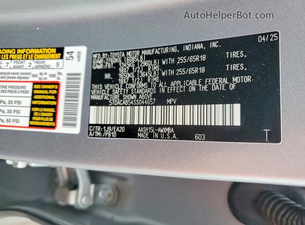 5TDACAB54SS044657 2025 TOYOTA GRAND Gray VIN կոդի պիտակի տեսք