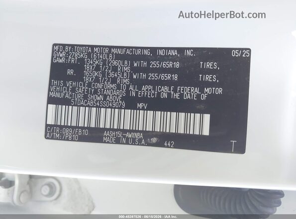 5TDACAB54SS049079 2025 TOYOTA GRAND HIGHLANDER White 