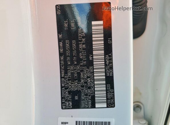 5TDACAB58SS051806 2025 TOYOTA GRAND White Вид наклейки з VIN-кодом