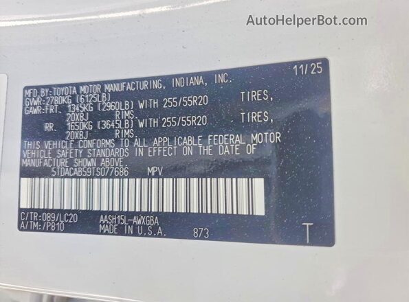 5TDACAB59TS077686 2026 TOYOTA GRAND White VIN կոդի պիտակի տեսք