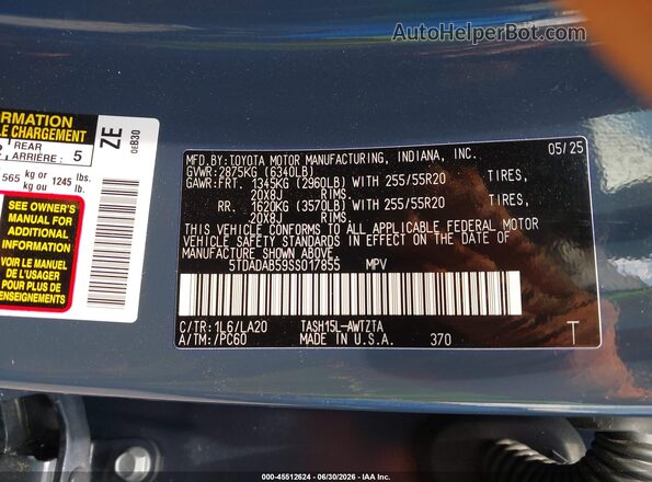 5TDADAB59SS017855 2025 TOYOTA GRAND HIGHLANDER Blue Շարժիչի բաժամունքի տեսք