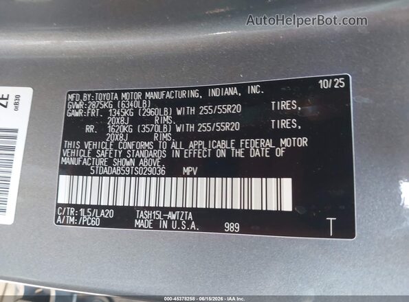 5TDADAB59TS029036 2026 TOYOTA GRAND HIGHLANDER HYBRID Gray Շարժիչի բաժամունքի տեսք