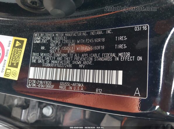 5TDBKRFH1GS272486 2016 TOYOTA HIGHLANDER Black Vista del compartimento del motor