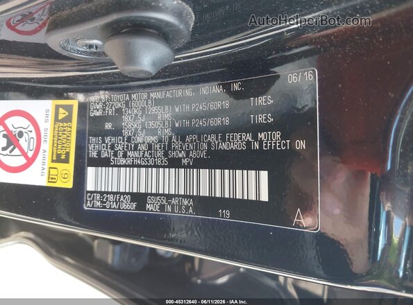 5TDBKRFH4GS301835 2016 TOYOTA HIGHLANDER Black ძრავის განყოფილების ხედი