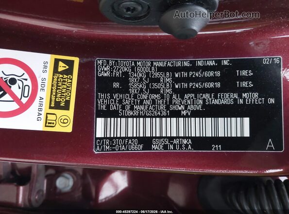 5TDBKRFH7GS264361 2016 TOYOTA HIGHLANDER Темно-бордовый Вид подкапотного пространства