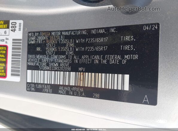 5TDBRKEC0RS202098 2024 TOYOTA SIENNA Silver Вид підкапотного простору