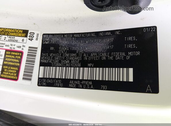 5TDBRKEC3NS102698 2022 TOYOTA SIENNA White Շարժիչի բաժամունքի տեսք