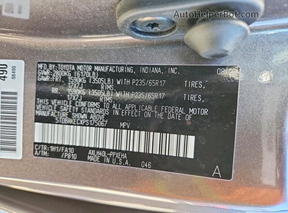 5TDBRKECXPS175067 2023 TOYOTA SIENNA Gray Vista de la etiqueta del VIN
