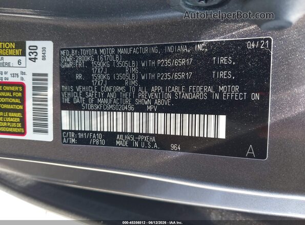 5TDBSKFC6MS020496 2021 TOYOTA SIENNA Gray Շարժիչի բաժամունքի տեսք