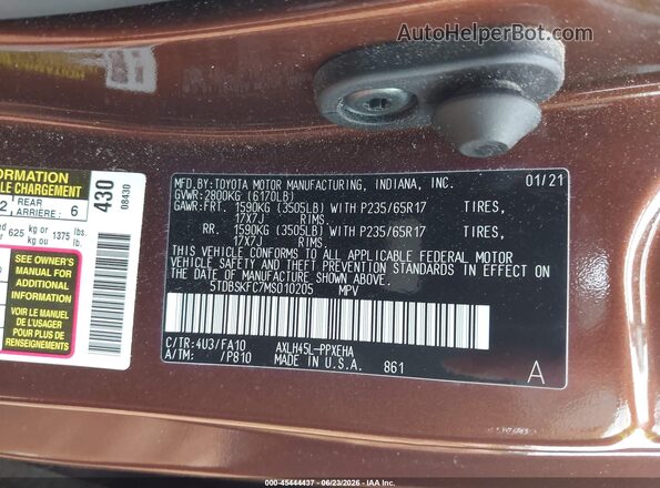 5TDBSKFC7MS010205 2021 TOYOTA SIENNA Brown Widok komory silnika