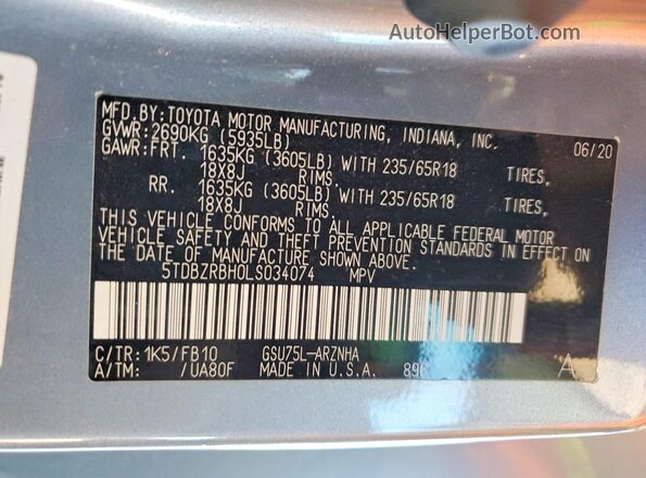 5TDBZRBH0LS034074 2020 TOYOTA HIGHLANDER Gray 
