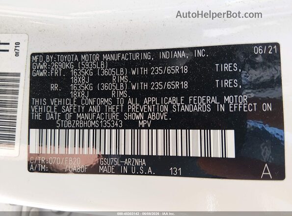 5TDBZRBH0MS135343 2021 TOYOTA HIGHLANDER White Engine compartment view
