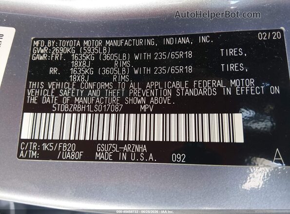 5TDBZRBH1LS017087 2020 TOYOTA HIGHLANDER Blue ძრავის განყოფილების ხედი
