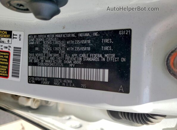 5TDBZRBH3MS535526 2021 TOYOTA HIGHLANDER White Vista interior de 360 grados