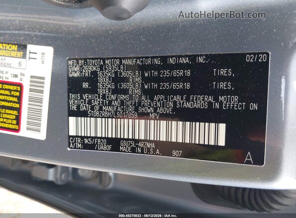 5TDBZRBH7LS017059 2020 TOYOTA HIGHLANDER Blue Вид підкапотного простору