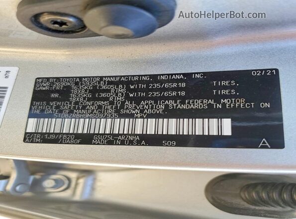 5TDBZRBH9MS097935 2021 TOYOTA HIGHLANDER Серебряный 