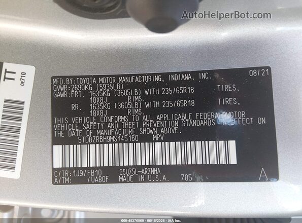 5TDBZRBH9MS145160 2021 TOYOTA HIGHLANDER Silver Շարժիչի բաժամունքի տեսք