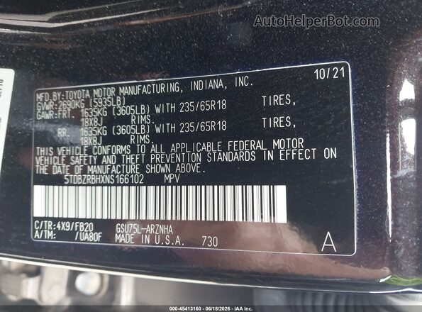 5TDBZRBHXNS166102 2022 TOYOTA HIGHLANDER Black Вид підкапотного простору