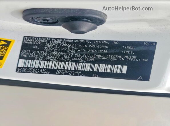 5TDBZRFH0KS733472 2019 TOYOTA HIGHLANDER White VIN կոդի պիտակի տեսք