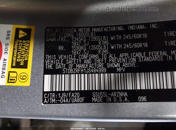 5TDBZRFH1JS484999 2018 TOYOTA HIGHLANDER Silver ძრავის განყოფილების ხედი