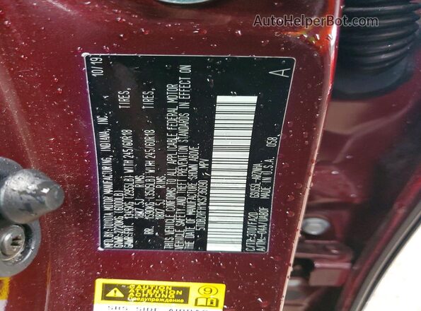 5TDBZRFH1KS736090 2019 TOYOTA HIGHLANDER Maroon Вид наклейки з VIN-кодом