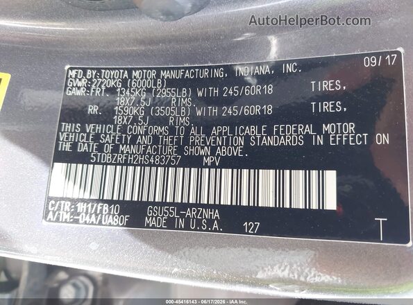 5TDBZRFH2HS483757 2017 TOYOTA HIGHLANDER Gray Vista del compartimento del motor