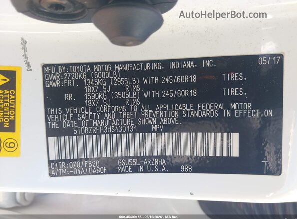 5TDBZRFH3HS430131 2017 TOYOTA HIGHLANDER Белый Вид подкапотного пространства