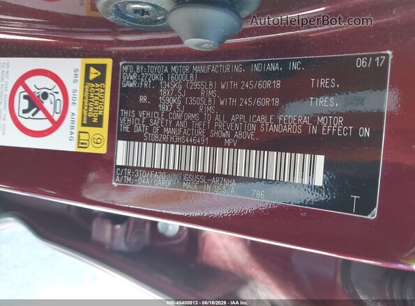 5TDBZRFH3HS446491 2017 TOYOTA HIGHLANDER Burgundy Vista del compartimento del motor