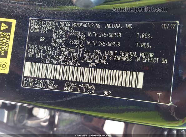 5TDBZRFH3JS496524 2018 TOYOTA HIGHLANDER Черный 