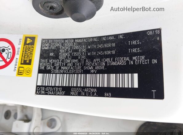 5TDBZRFH3JS913091 2018 TOYOTA HIGHLANDER White Engine compartment view