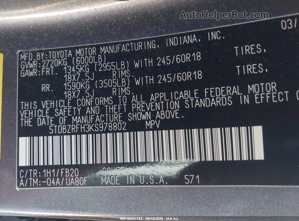 5TDBZRFH3KS978802 2019 TOYOTA HIGHLANDER Gray Vista del compartimento del motor