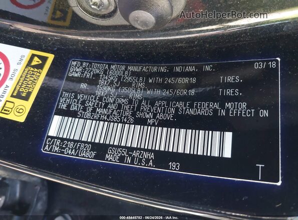 5TDBZRFH4JS851426 2018 TOYOTA HIGHLANDER Black Widok komory silnika