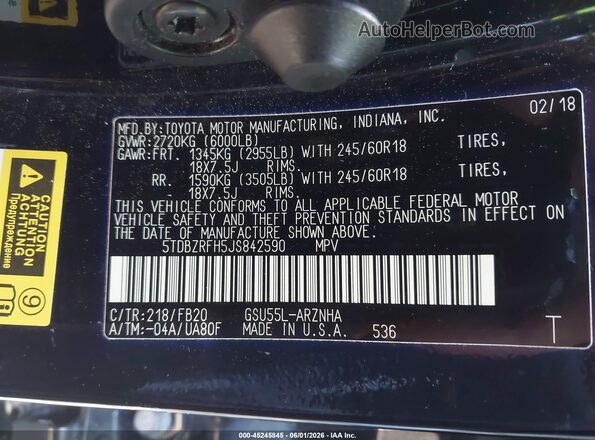 5TDBZRFH5JS842590 2018 TOYOTA HIGHLANDER Black Вид підкапотного простору