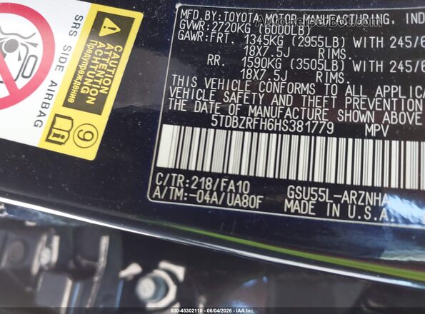 5TDBZRFH6HS381779 2017 TOYOTA HIGHLANDER Black 
