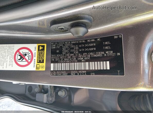5TDBZRFH6KS717700 2019 TOYOTA HIGHLANDER Gray Widok komory silnika