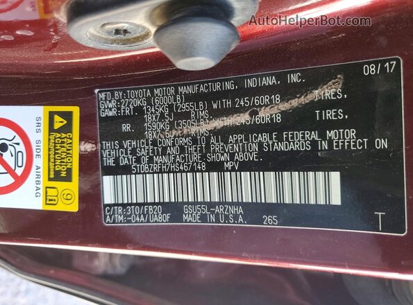 5TDBZRFH7HS467148 2017 TOYOTA HIGHLANDER Maroon VIN sticker view