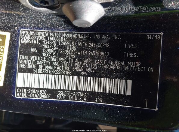 5TDBZRFH7KS988166 2019 TOYOTA HIGHLANDER Black Вид підкапотного простору