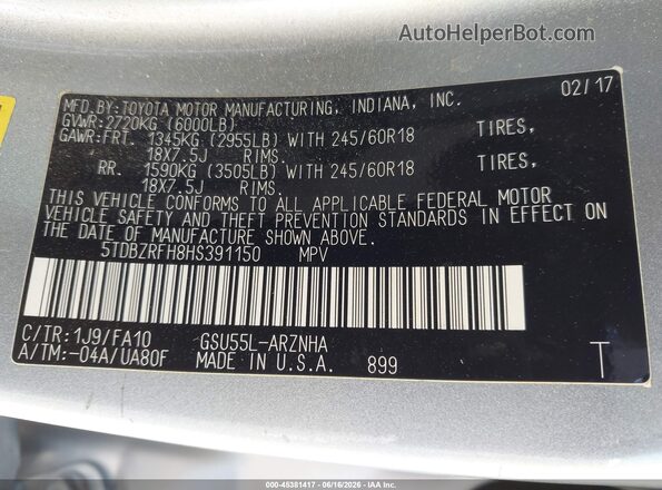 5TDBZRFH8HS391150 2017 TOYOTA HIGHLANDER Gray Vista del compartimento del motor