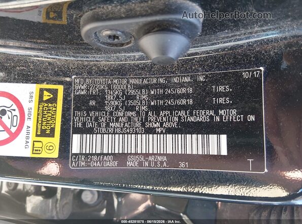 5TDBZRFH8JS493103 2018 TOYOTA HIGHLANDER Black ძრავის განყოფილების ხედი