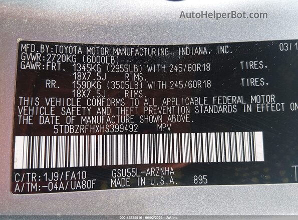 5TDBZRFHXHS399492 2017 TOYOTA HIGHLANDER Silver Widok komory silnika