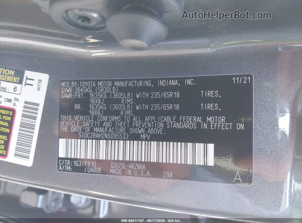 5TDCZRAH2NS095533 2022 TOYOTA HIGHLANDER Gray 