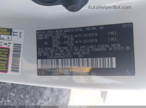 5TDCZRAH5MS079101 2021 TOYOTA HIGHLANDER White ძრავის განყოფილების ხედი