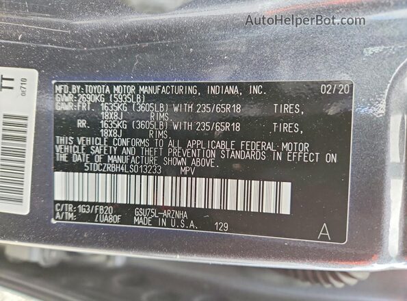 5TDCZRBH4LS013233 2020 TOYOTA HIGHLANDER Charcoal Vista de la etiqueta del VIN